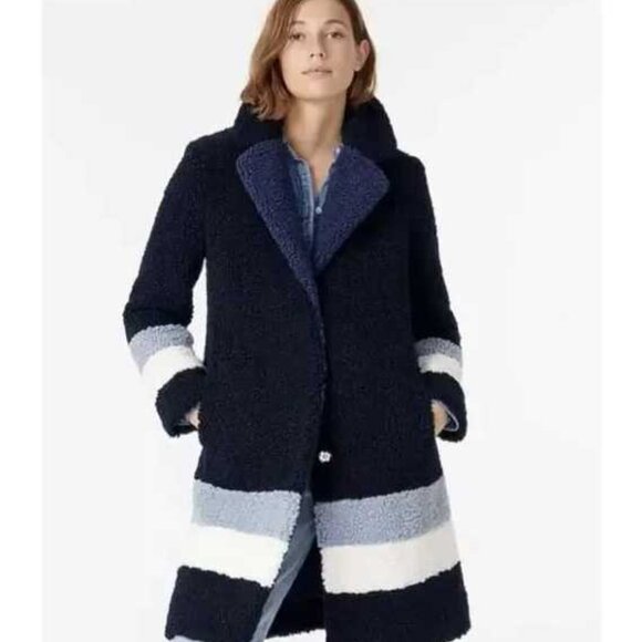 New XXS XSP J.Crew Teddy sherpa topcoat top coat in navy colorblock - Picture 1 of 11